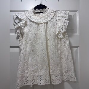Olivaceous Cream Eyelet Ruffle Cap-Sleeve Blouse